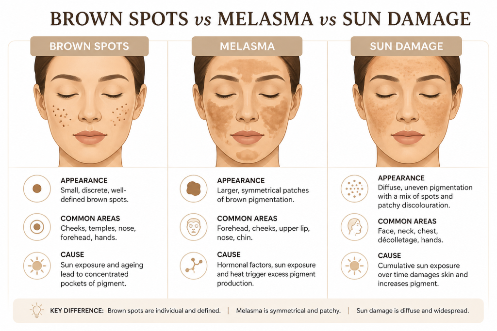 Brown spots Vs Melasma Vs Sun Damage 
